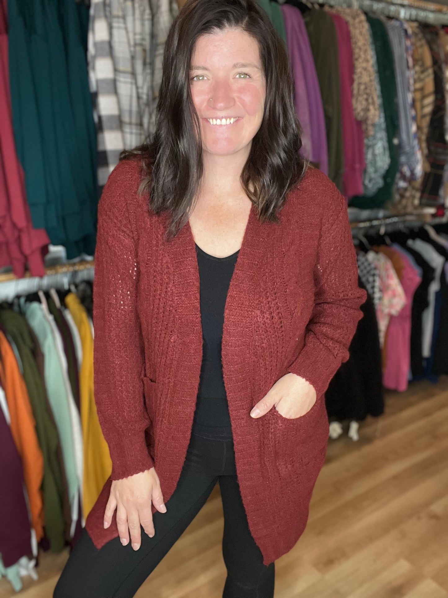 Twist Knitted Open Front Cardigan w/ Patch Pockets