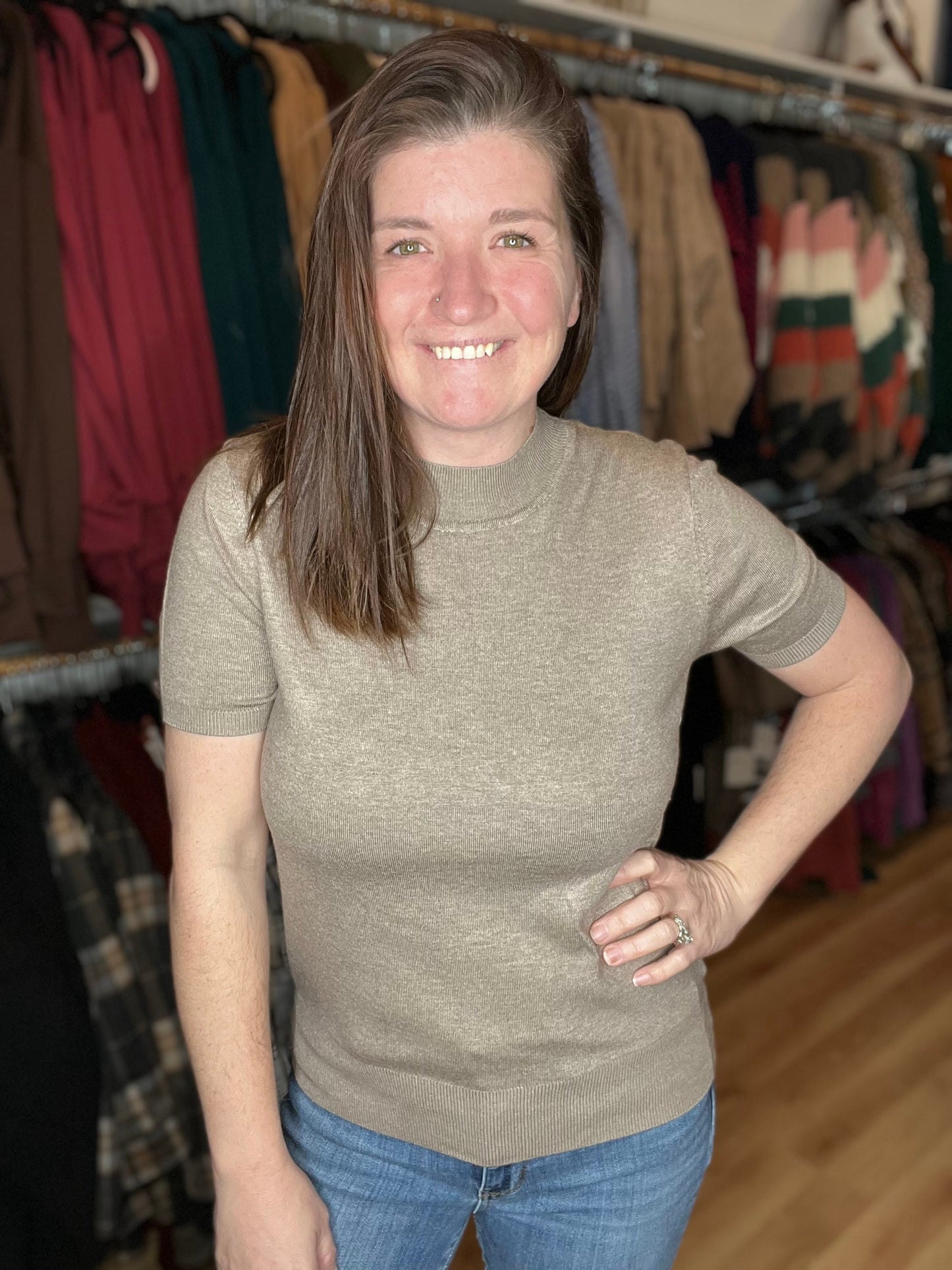 Mock Neck Short Sleeve Pullover Sweater