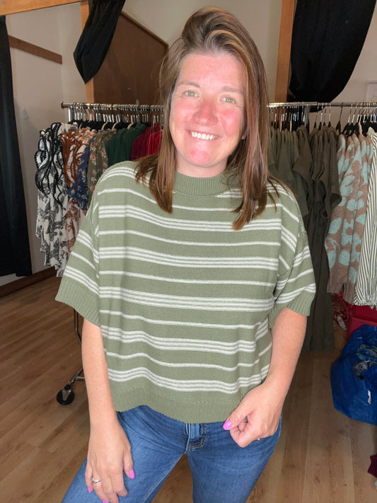 Olive Stripe Short Sleeve Sweater