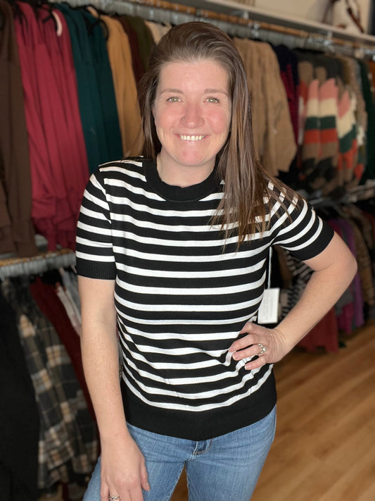 B & W Stripe Crew Neck Short Sleeve