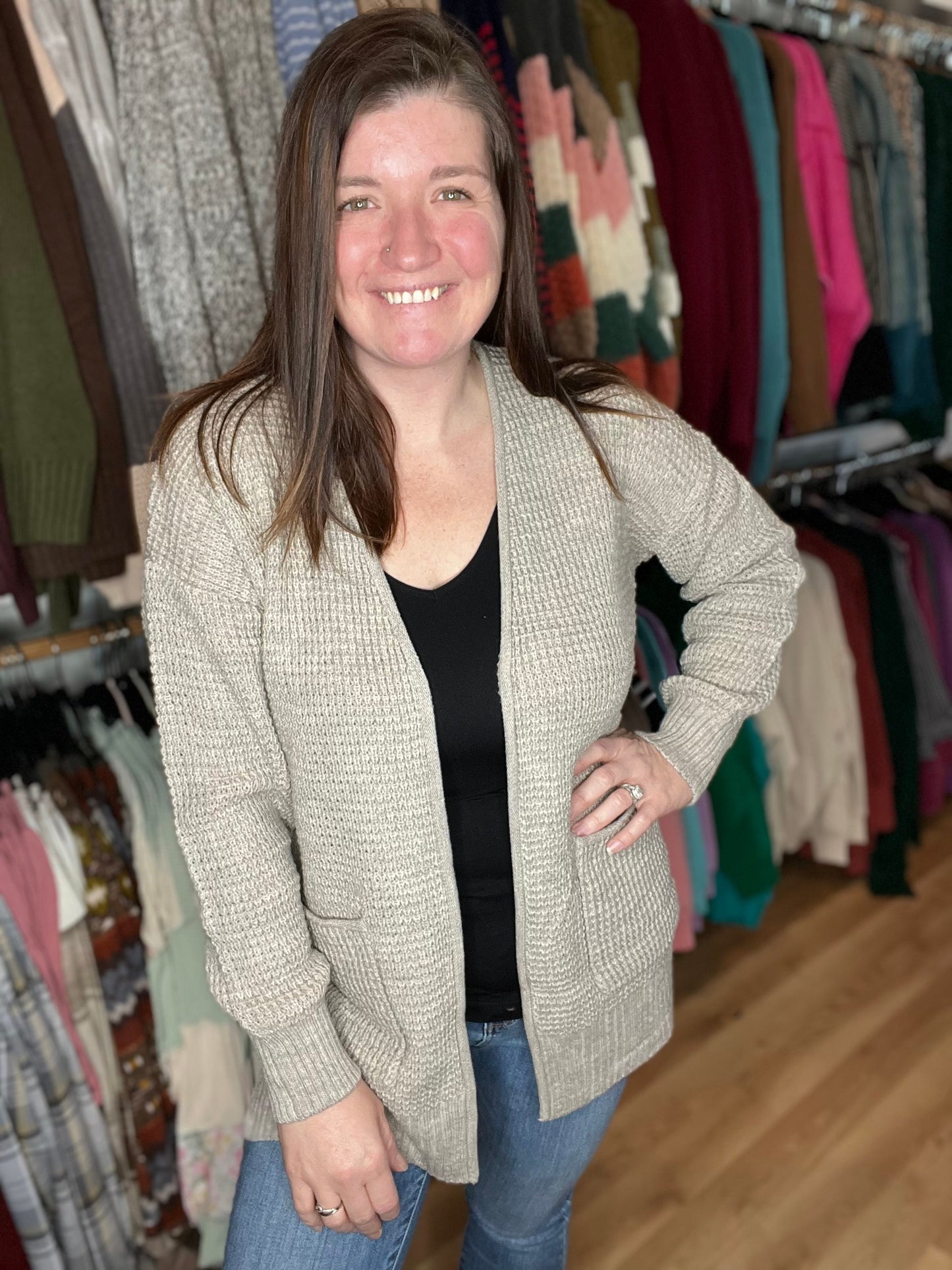 Waffle Knit Open Cardigan