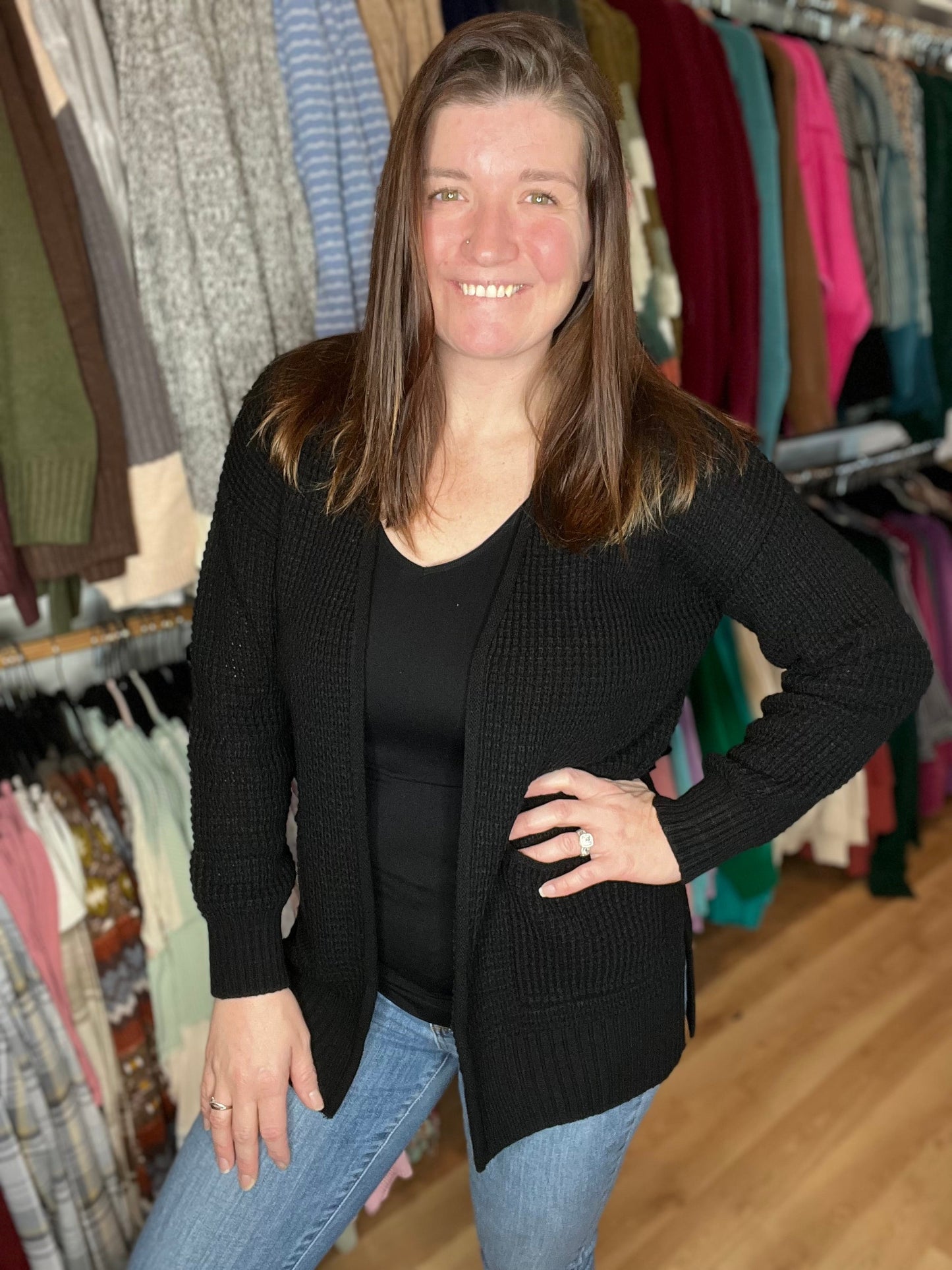 Waffle Knit Open Cardigan