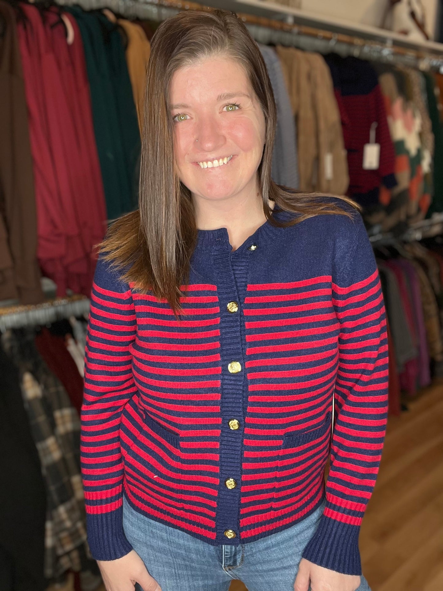 Navy/Red Ribbed Cardigan w/ Gold Button Detail