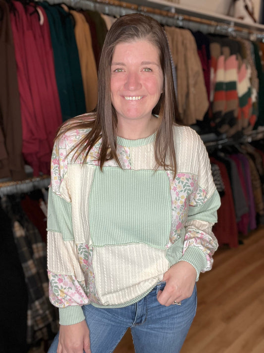 Cable Knit Floral Bubble Sleeve Top *Final Sale*
