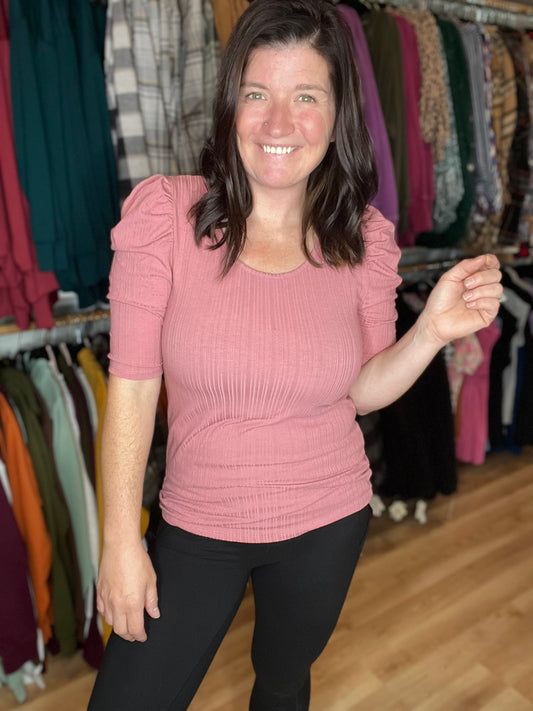 Mauve Rose Puff Sleeve Ribbed Top *Final Sale*