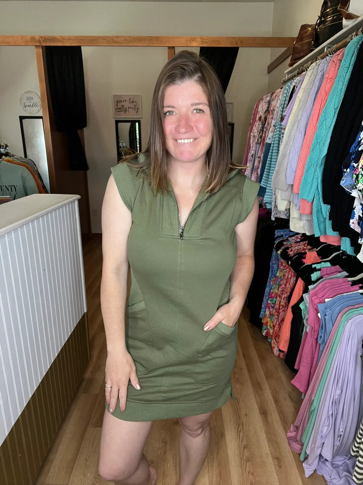 Olive Everyday Cap Sleeve Dress w/ Front Pockets *Final Sale*