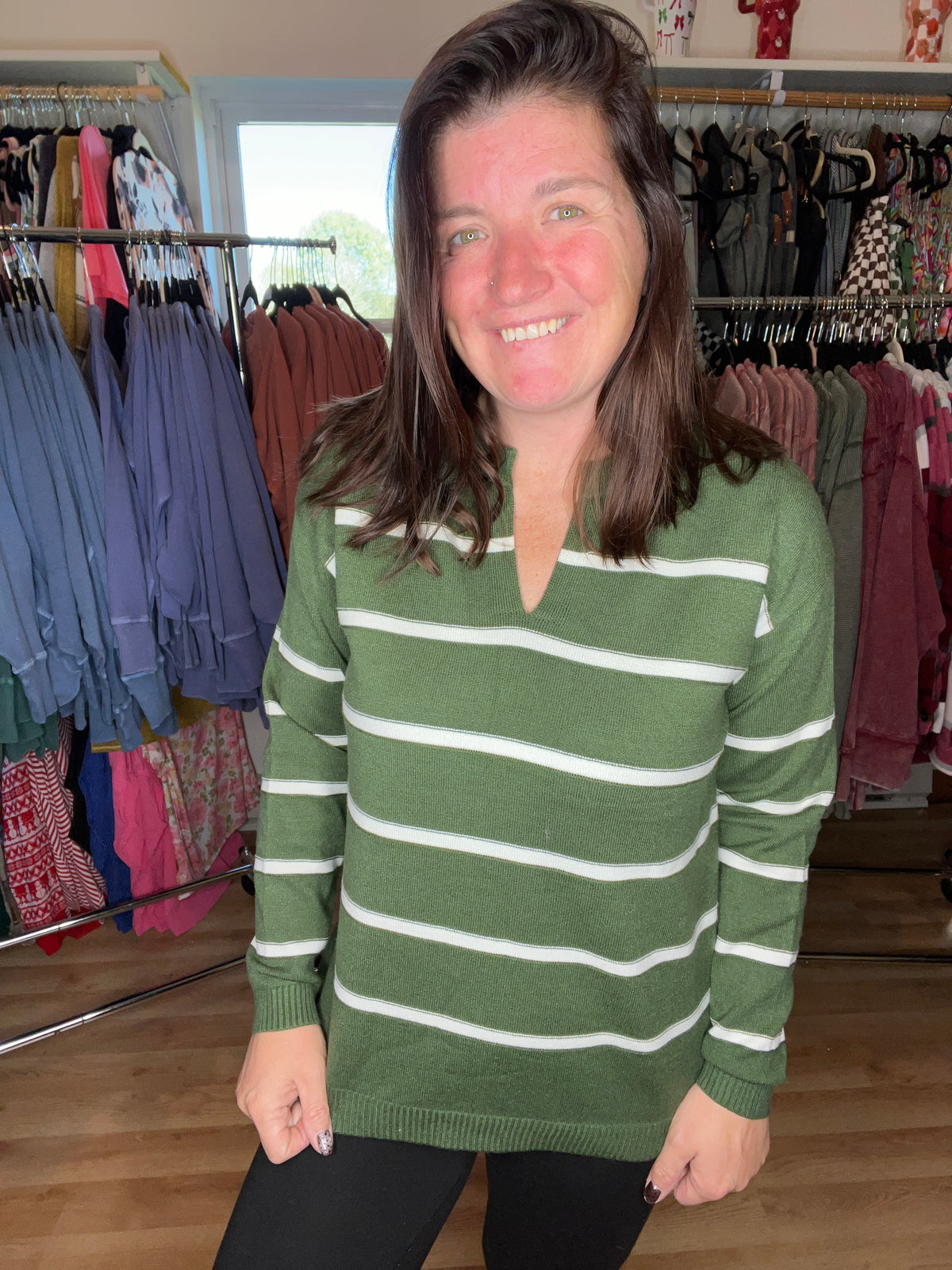 Easy Does It Striped Split Neck Sweater