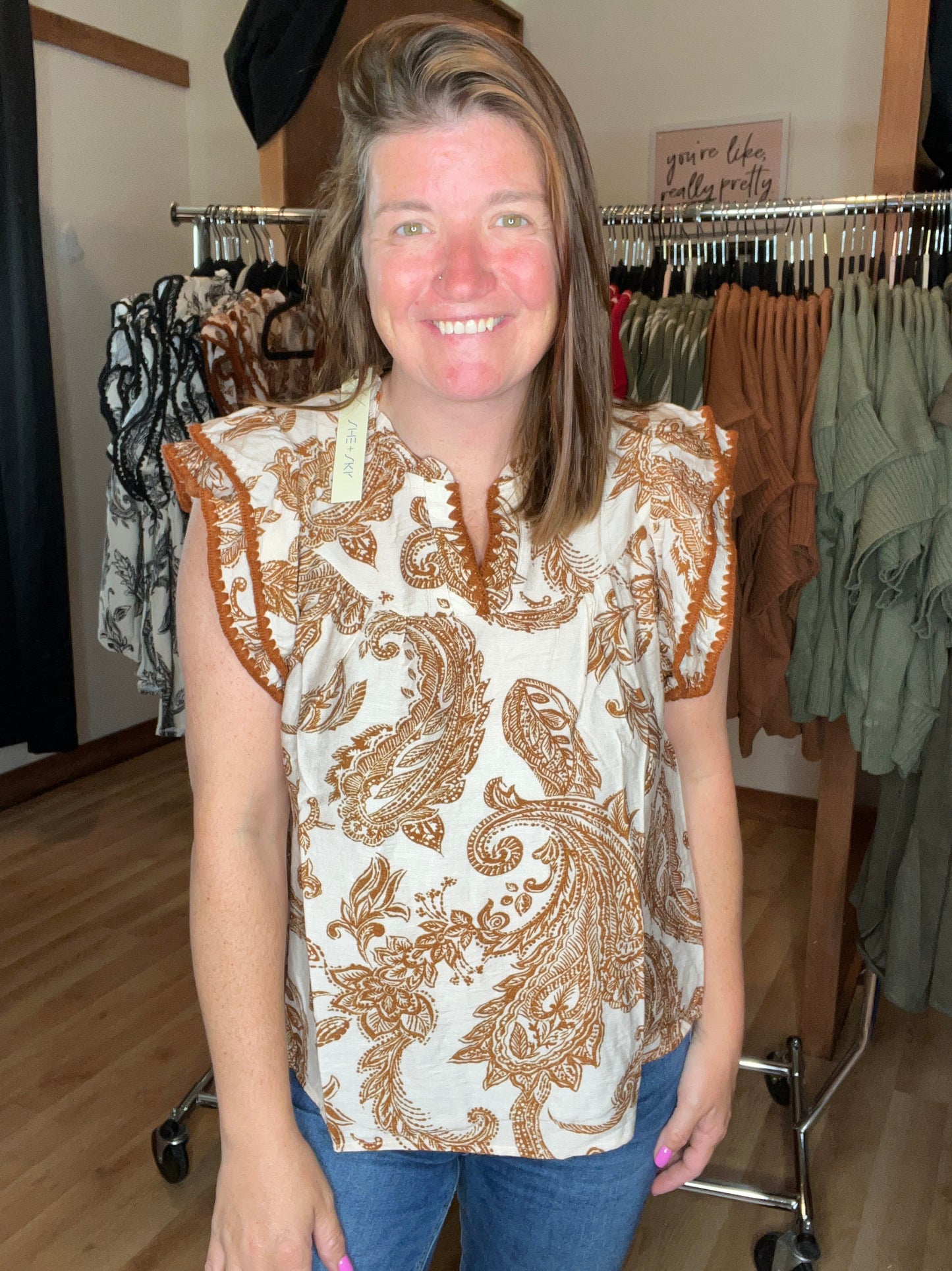 Paisley Ruffle Sleeve Contrast Stitch Top