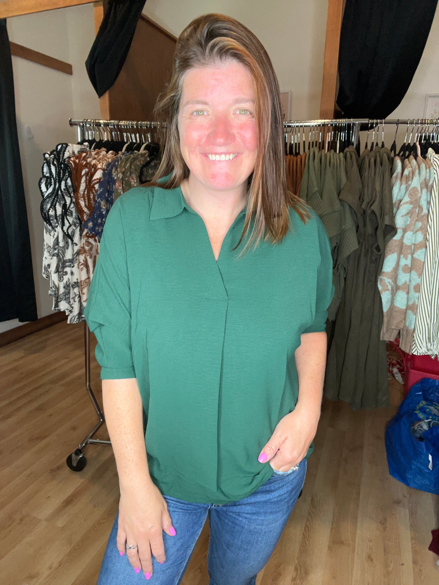 3/4 Sleeve Collard Woven Top