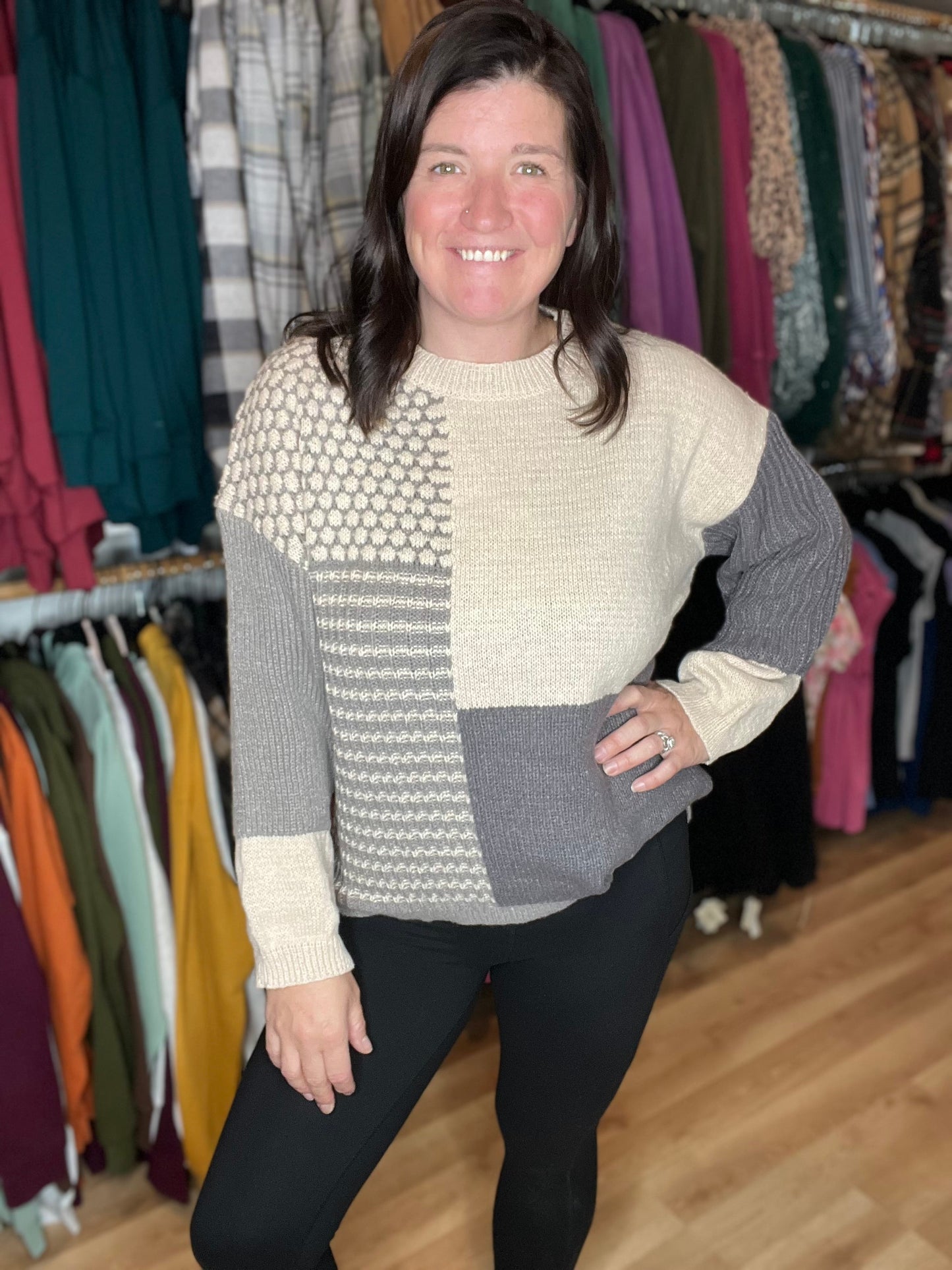 Patchwork Color-Block Knit Sweater - Mocha Mist *Final Sale*