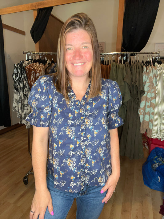 Ruffle Neck Floral Print Top