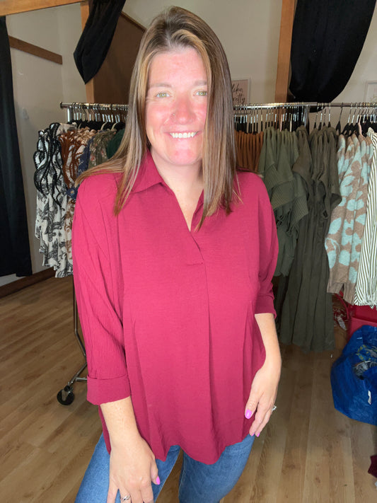 3/4 Sleeve Collard Woven Top