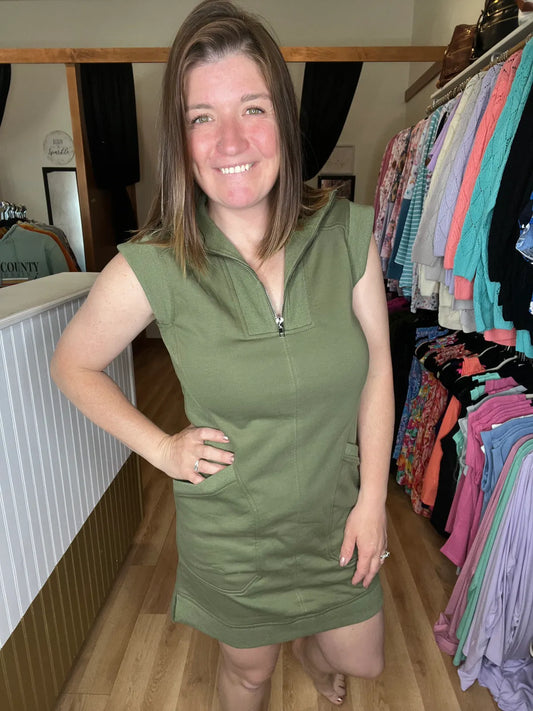 Olive Everyday Cap Sleeve Dress w/ Front Pockets *Final Sale*