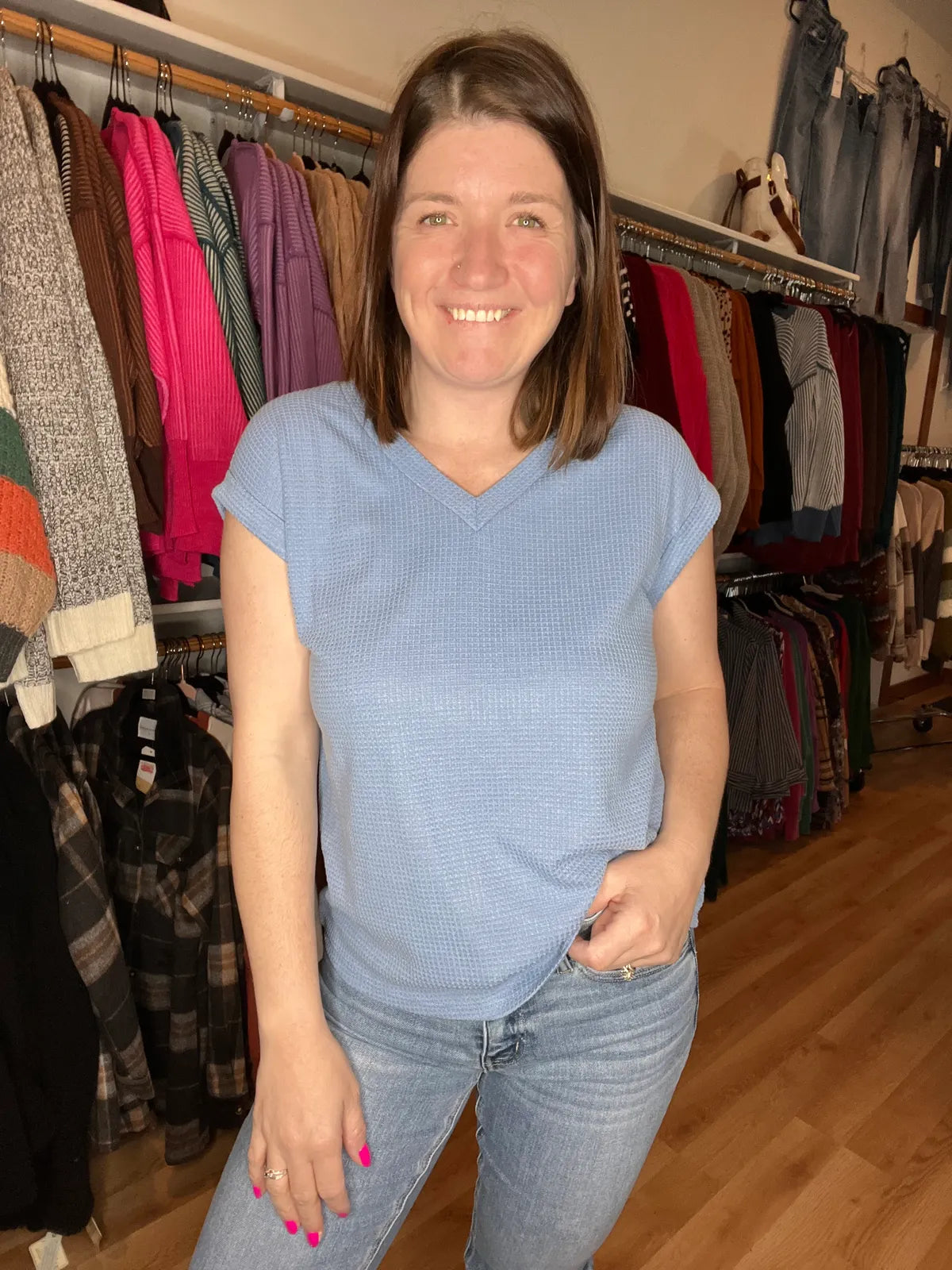 Waffle V-Neck Thermal Top w/ Dolman Sleeve *Final Sale*
