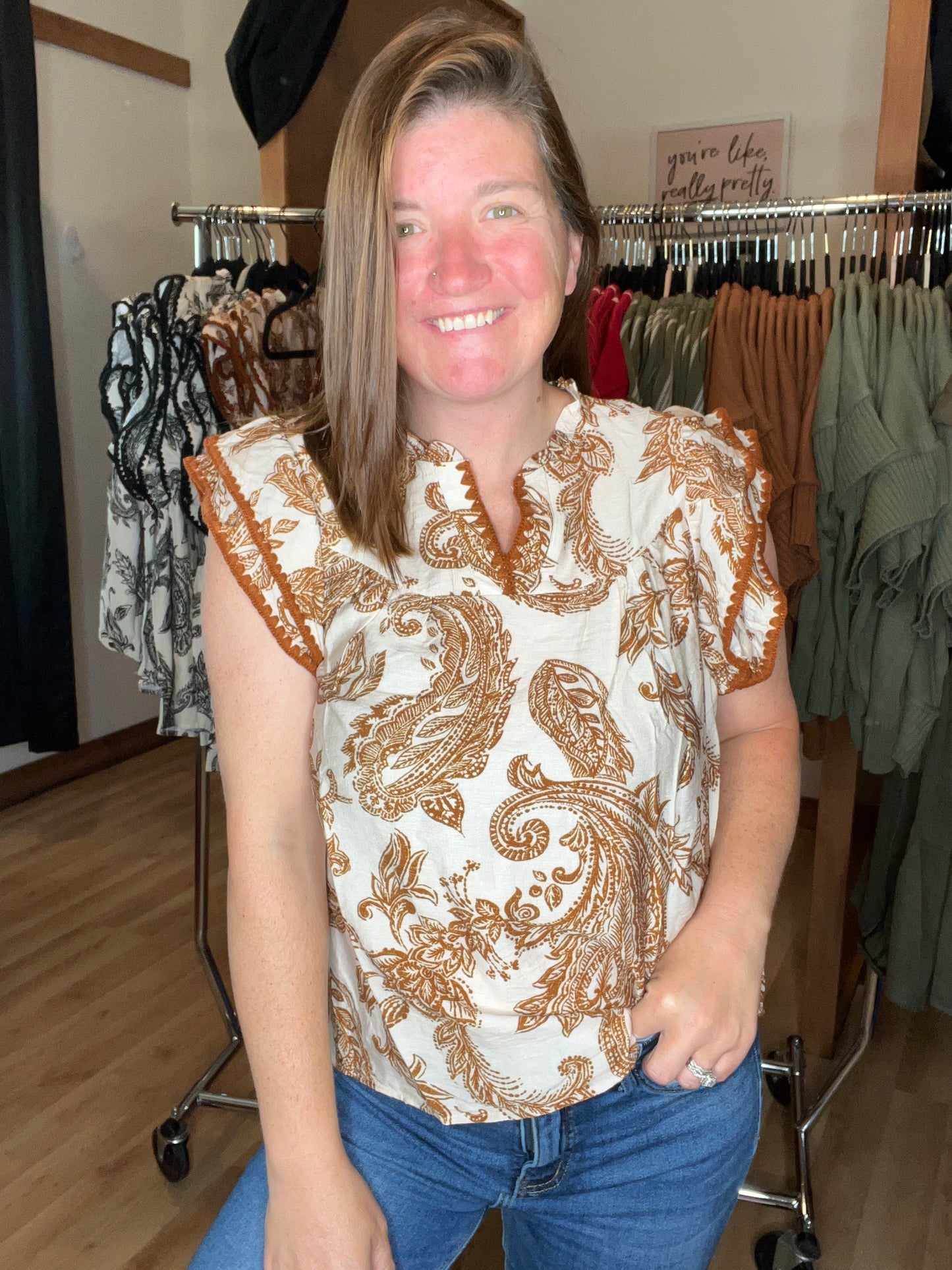 Paisley Ruffle Sleeve Contrast Stitch Top