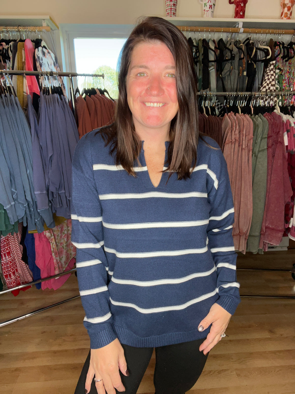 Easy Does It Striped Split Neck Sweater