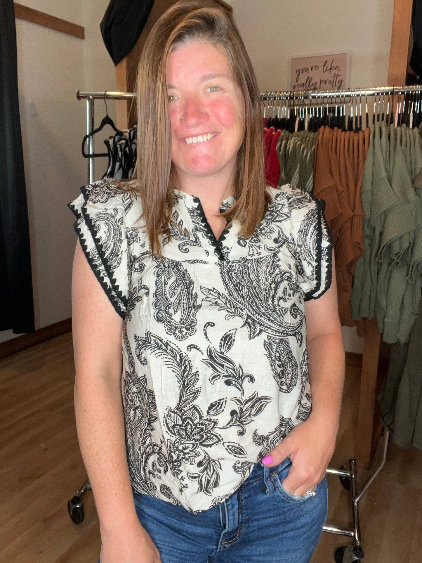 Paisley Ruffle Sleeve Contrast Stitch Top