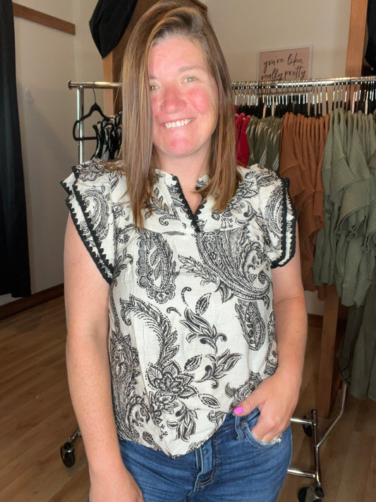 Paisley Ruffle Sleeve Contrast Stitch Top