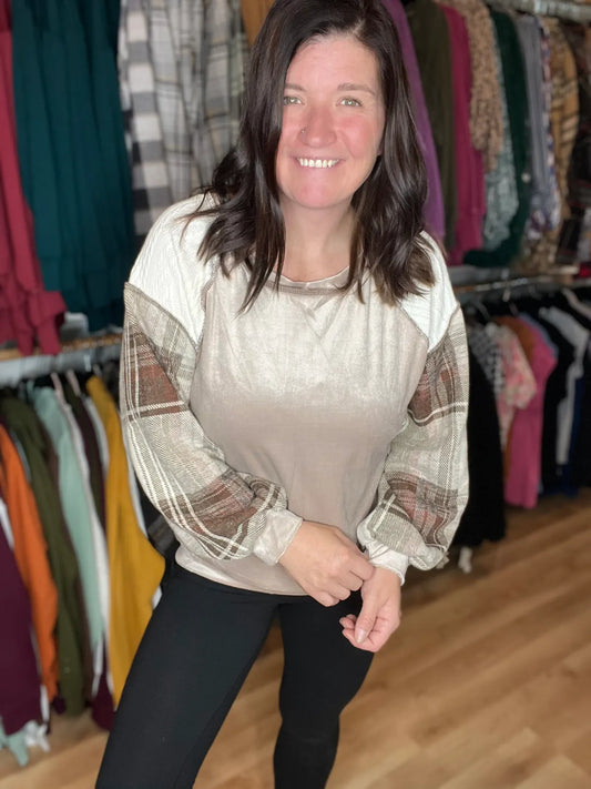 Plaid Patchwork Sleeve Top - Mocha Mix *Final Sale*