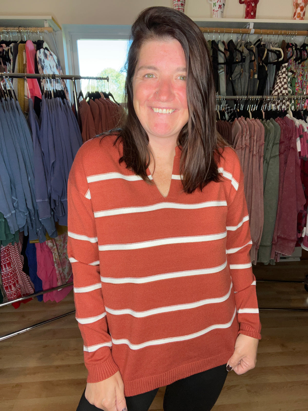 Easy Does It Striped Split Neck Sweater
