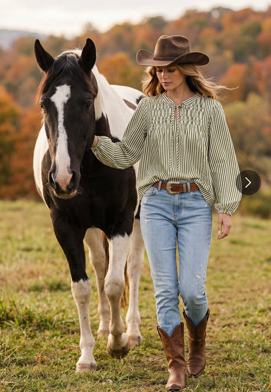 Smocked Striped Tie Neck Blouse