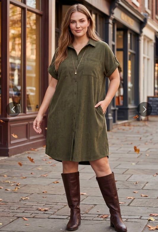 Olive Button Front Suede Shirt Dress