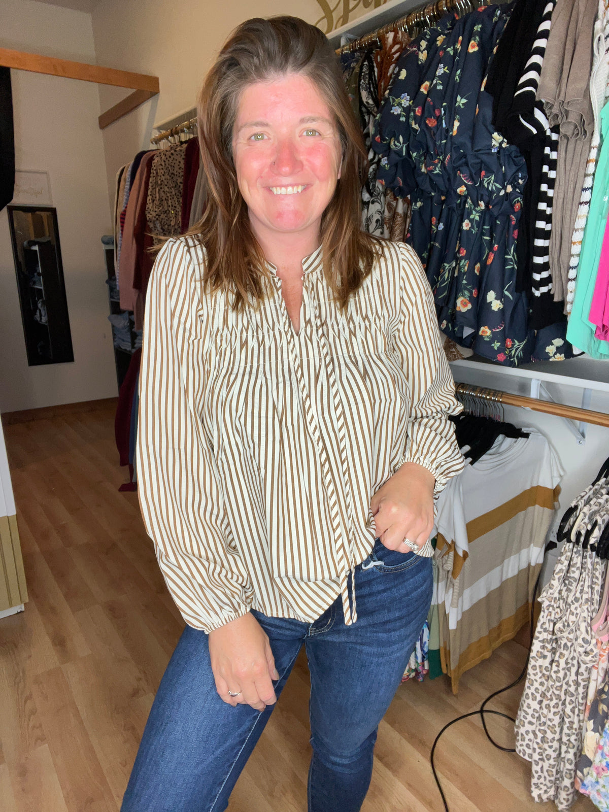 Smocked Striped Tie Neck Blouse