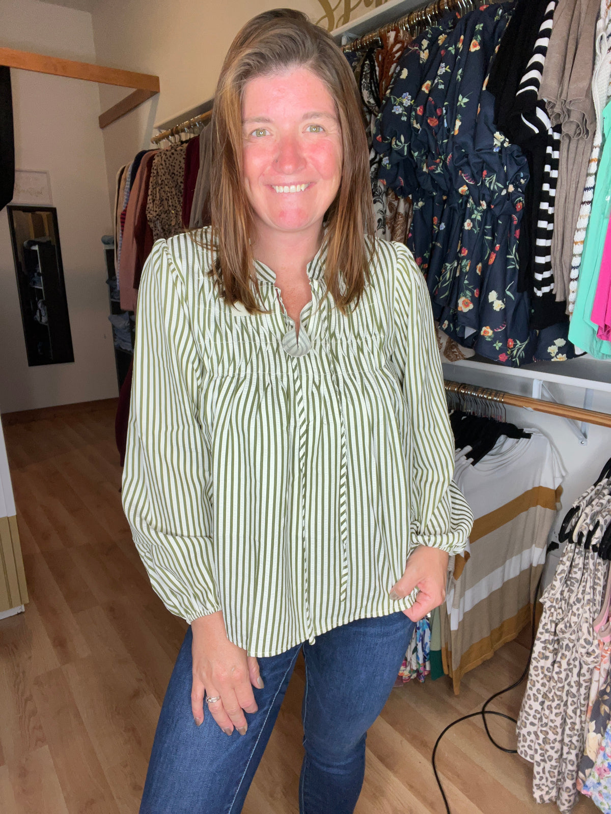 Smocked Striped Tie Neck Blouse