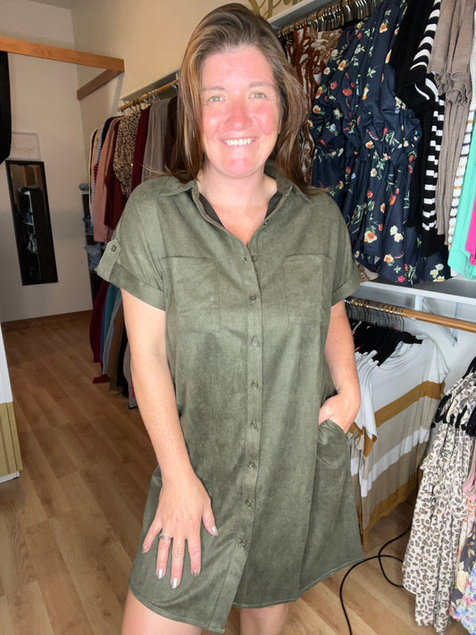 Olive Button Front Suede Shirt Dress
