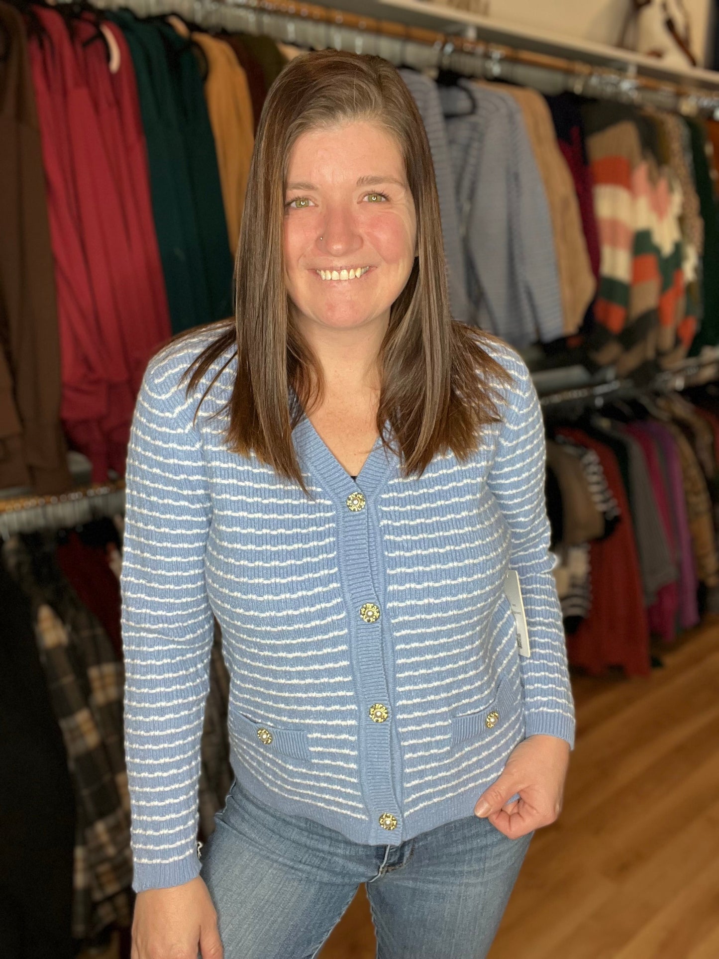 Blue/White Button Up Cardigan w/ Golden Buttons