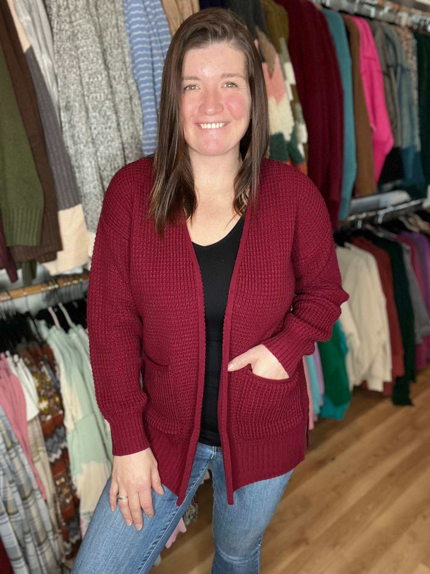 Waffle Knit Open Cardigan