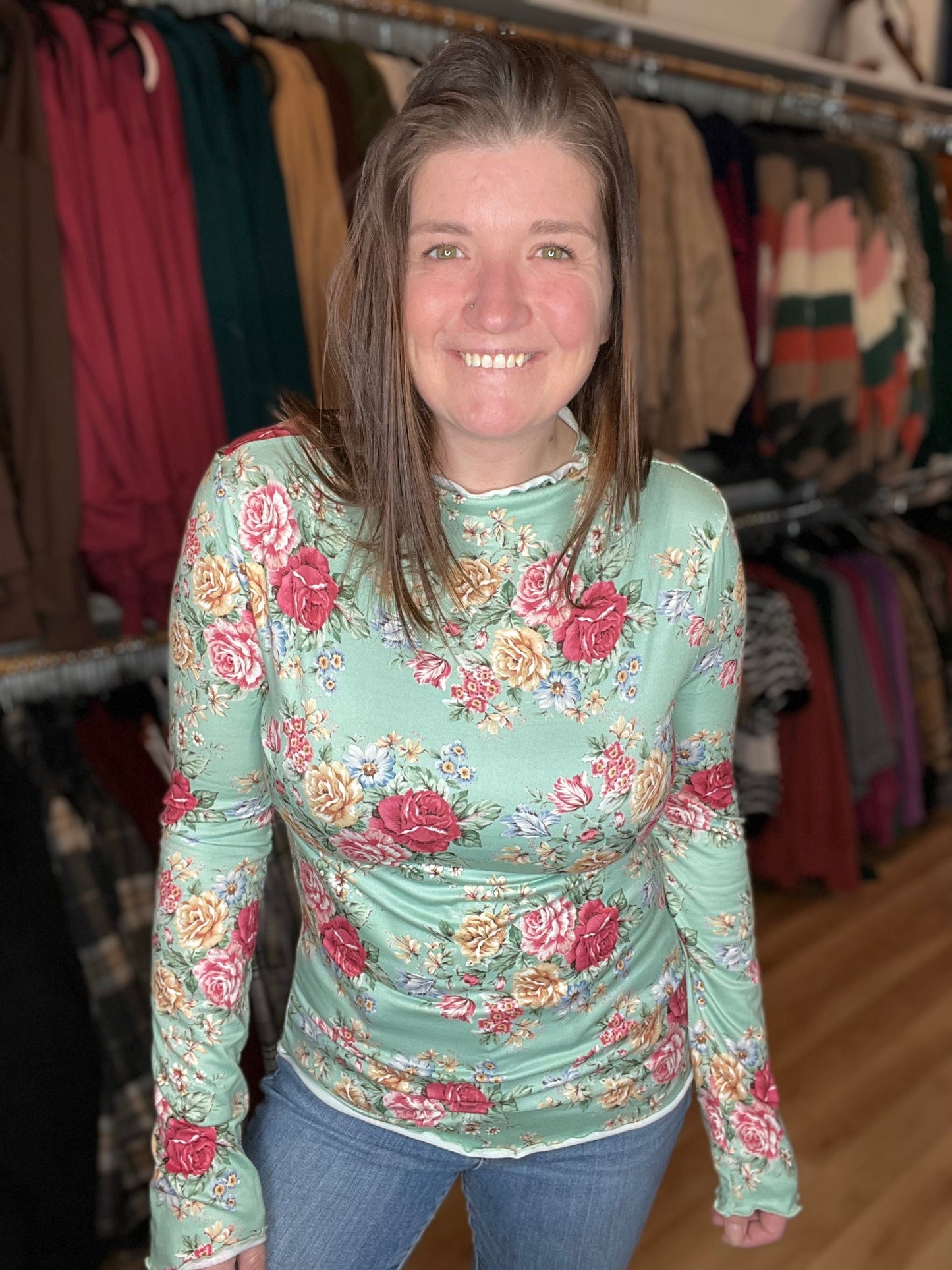 Mock Neck Long Sleeve Fitted Floral Top *Final Sale*